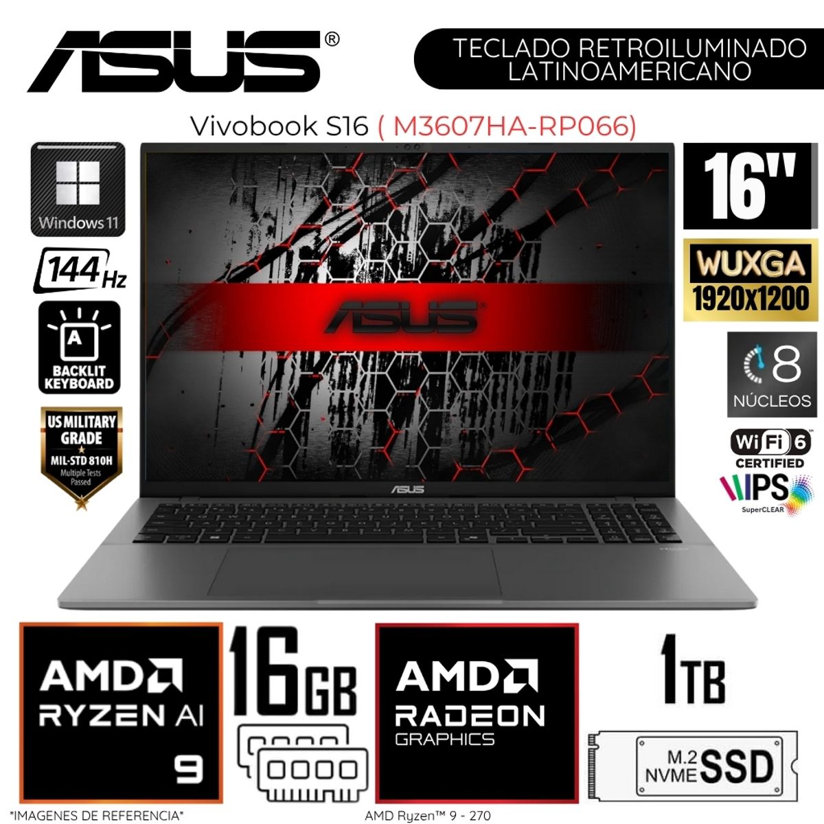 ASUS - Laptop Asus Vivobook S16 M3607HA-RP066  AMD Ryzen 9 270 16GB DDR5 RAM 1TB SSD 16"  WUXGA WIN1