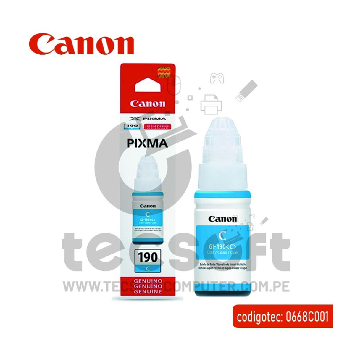 GENERICO - Botellla de Tinta Canon PIXMA 190 Cyan ORIGINAL