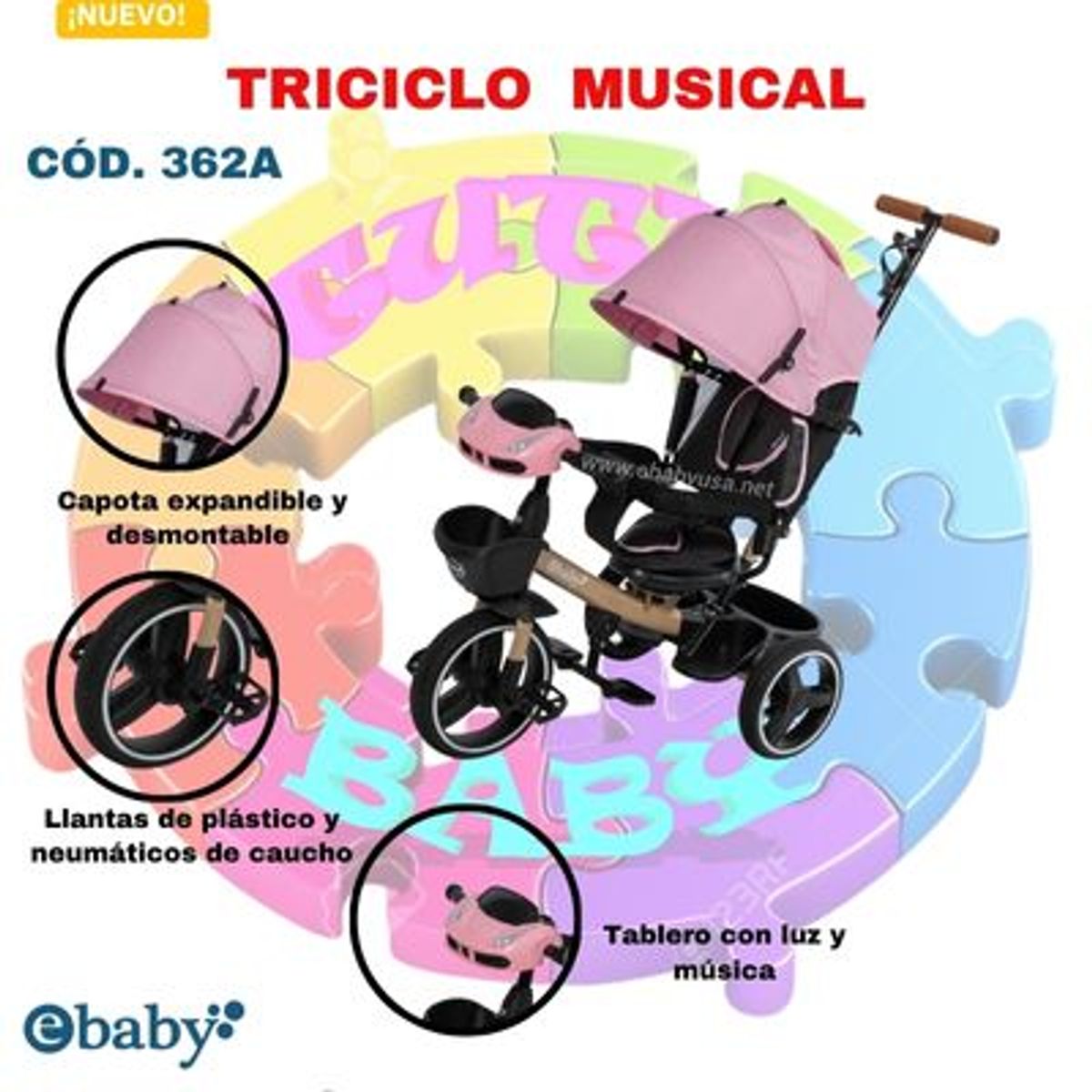 EBABY - TRICICLO GUIADOR USB-BLUETOOTH COD362A - ROSADO