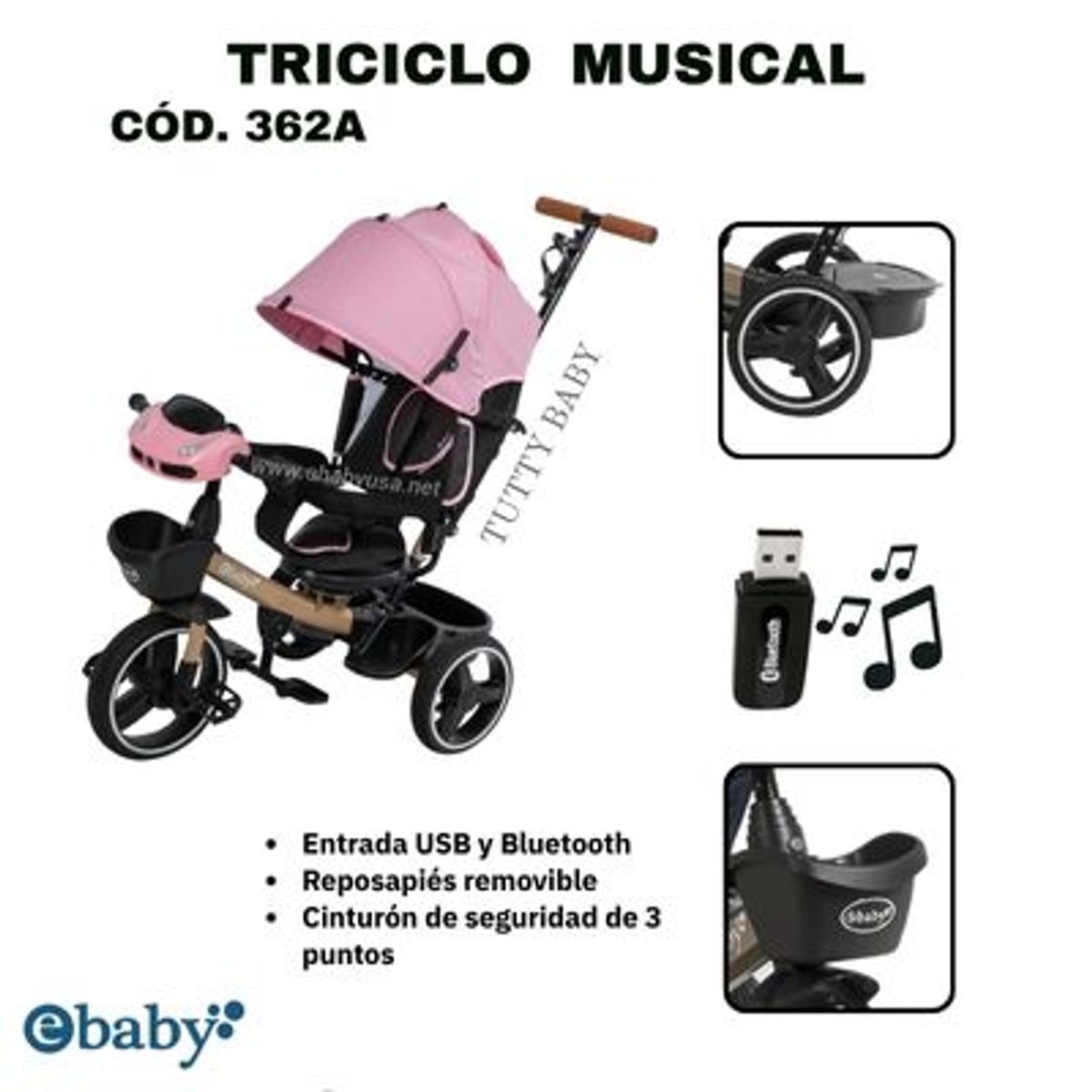 EBABY - TRICICLO GUIADOR USB-BLUETOOTH COD362A - ROSADO