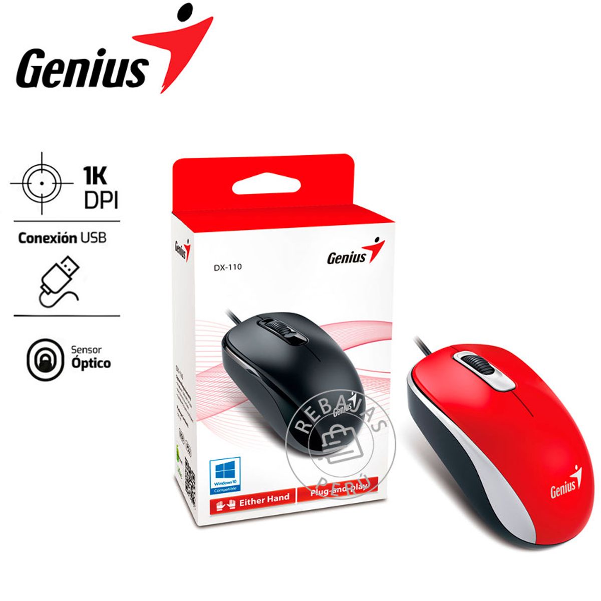 GENIUS - Mouse Genius DX-110 USB Óptico 1000 DPI Rojo Ambidiestro Ergónomico