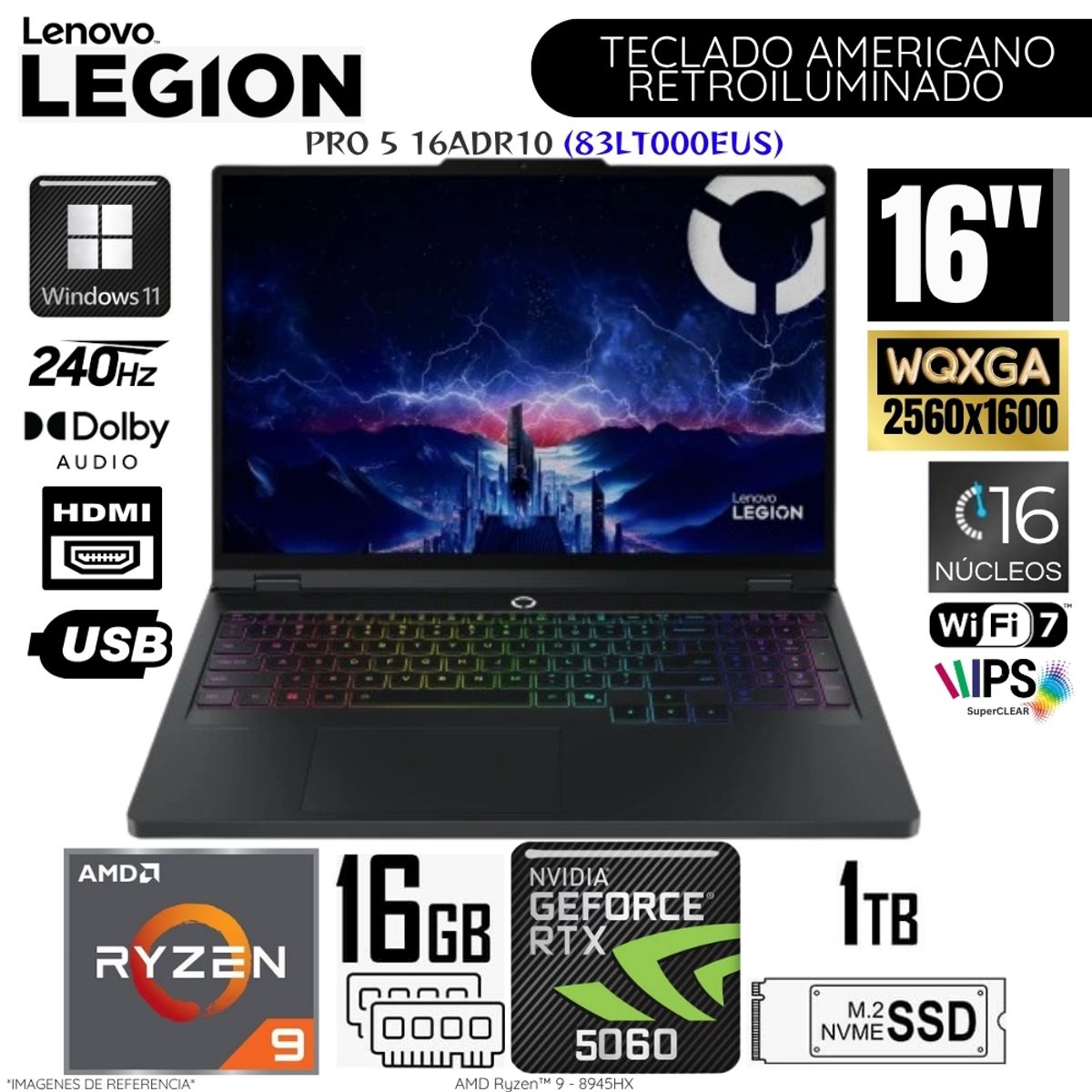 LENOVO - Laptop Lenovo Legion PRO 5 16ADR10 AMD Ryzen 9 -8945HX 16GB RAM 1TB SSD NVIDIA RTX5060-8GB 16"  WQXGA