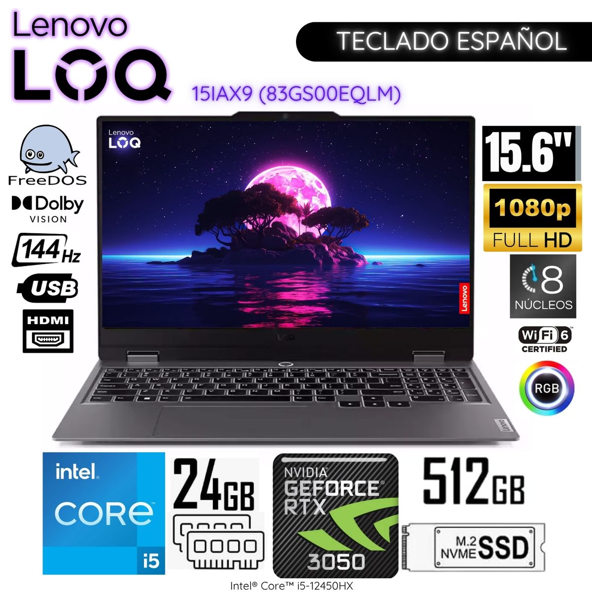 LENOVO - Laptop Lenovo LOQ Intel Core i5-12450HX 24GB RAM 512GB SSD 15.6"  FHD RTX 3050-6GB - 83GS00EQLM