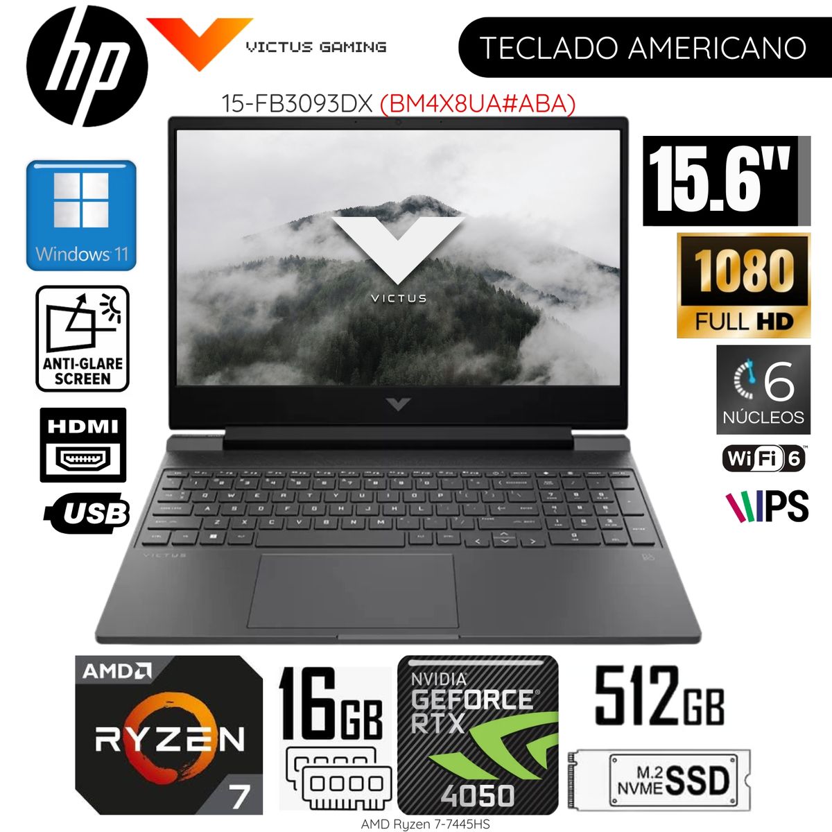 HP - Laptop HP Victus 15-FB3093DX AMD Ryzen 7-7445HS 16GB RAM 512GB SSD RTX 4050-6GB 15.6"  FHD Win 11