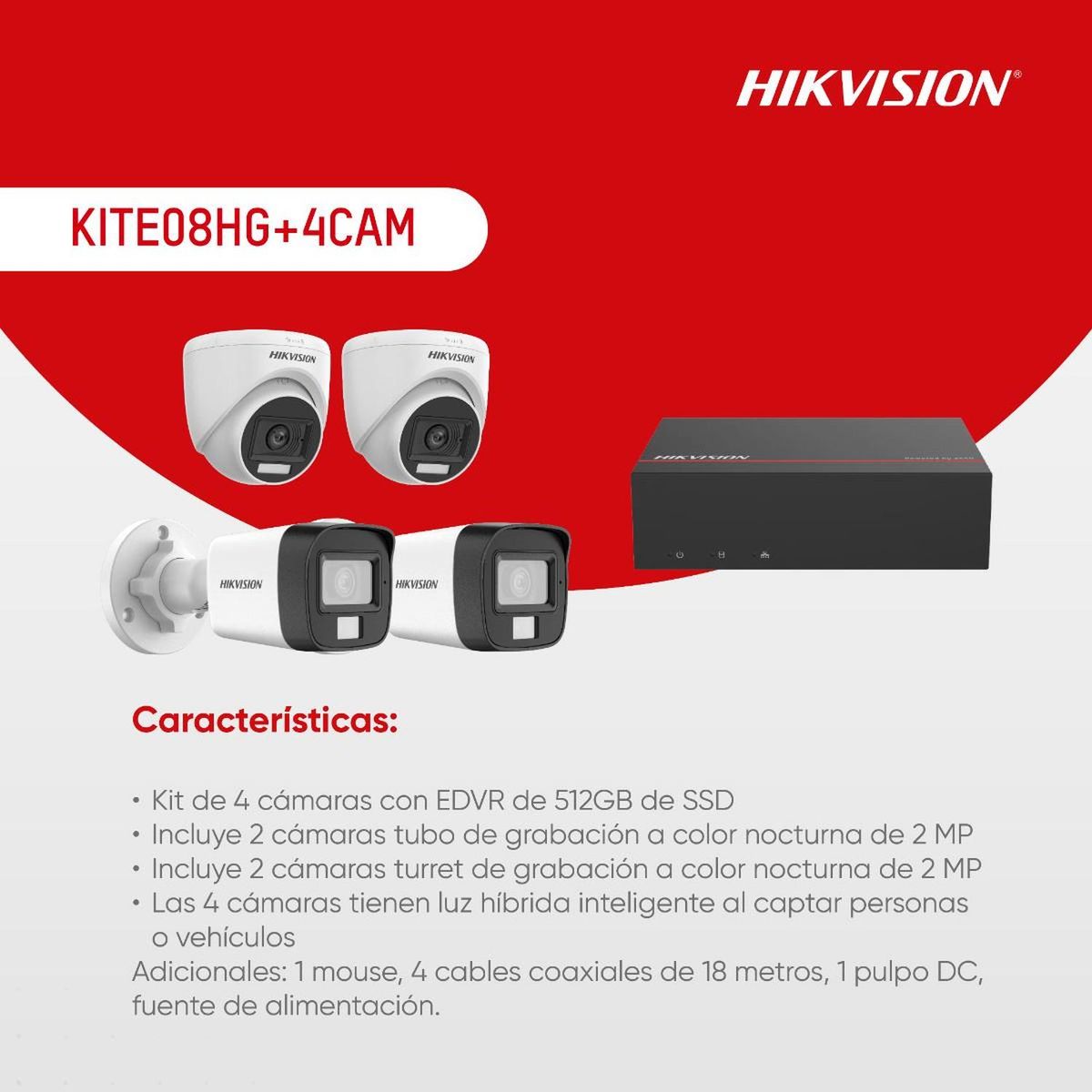 HIKVISION - Kit de 4 cámaras Analógicas con Edvr incluye SSD de 512GB integrado
