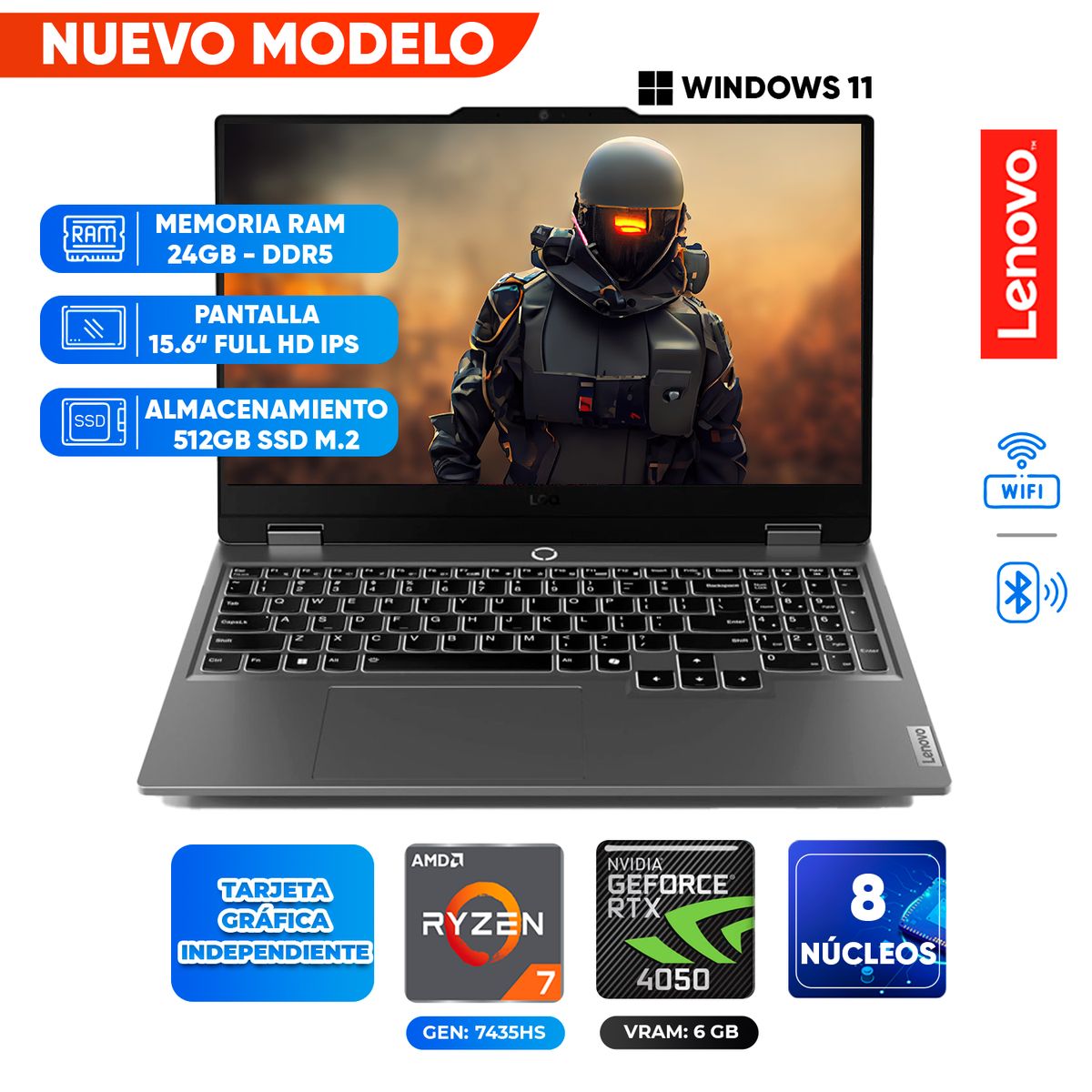 LENOVO - Laptop LENOVO LOQ 15ARP9, AMD RYZEN 7 7435HS, 24GB DDR5, 512 SSD, 15.6 FULL HD IPS