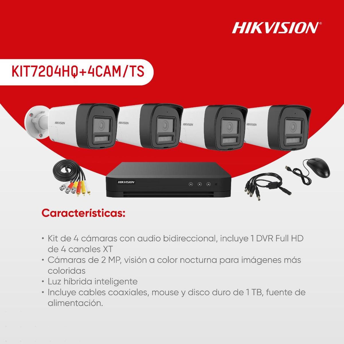 HIKVISION - Kit de 4 cámaras analógicas de audio bidireccional con DVR XT + disco duro de 1 Tera