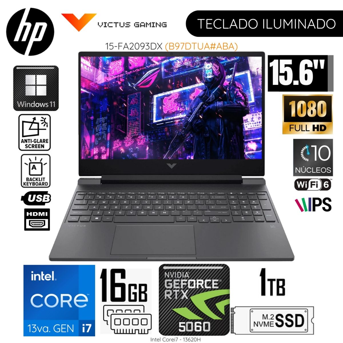 HP - Laptop HP Victus 15-FA2093DX Intel Corei7-13620H 16GB RAM 1TB SSD 15.6"  Pulg. FHD RTX5060-8GB WIN11
