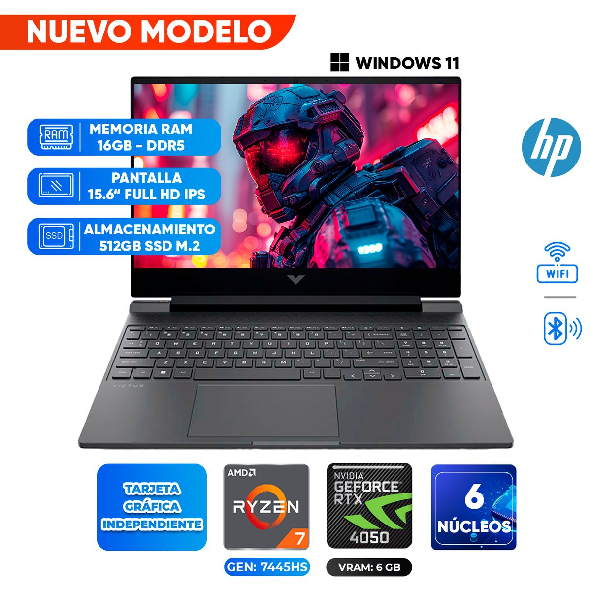 HP - Laptop Gaming HP Victus 15-FB3022LA, AMD Ryzen 7 7445HS, 16GB DDR5, 512GB SSD, 15.6 FULL HD IPS