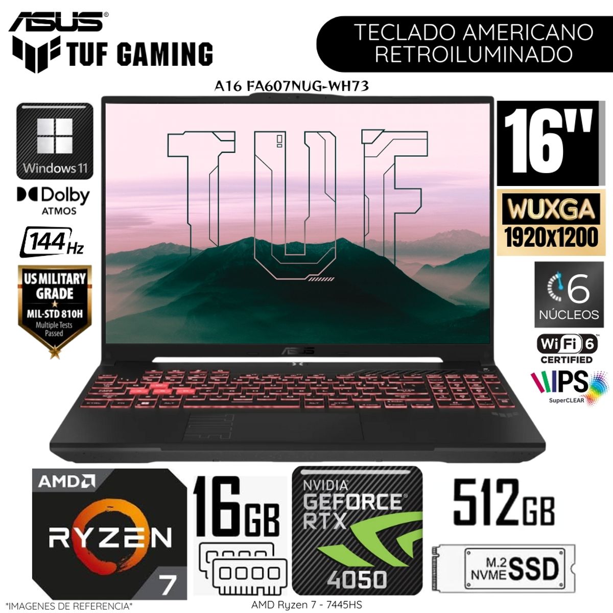 ASUS - Laptop Asus TUF A16 FA607NUG-WH73 AMD Ryzen 7 - 7445HS 16GB RAM 512GB SSD RTX 4050-6GB 16"  WUXGA
