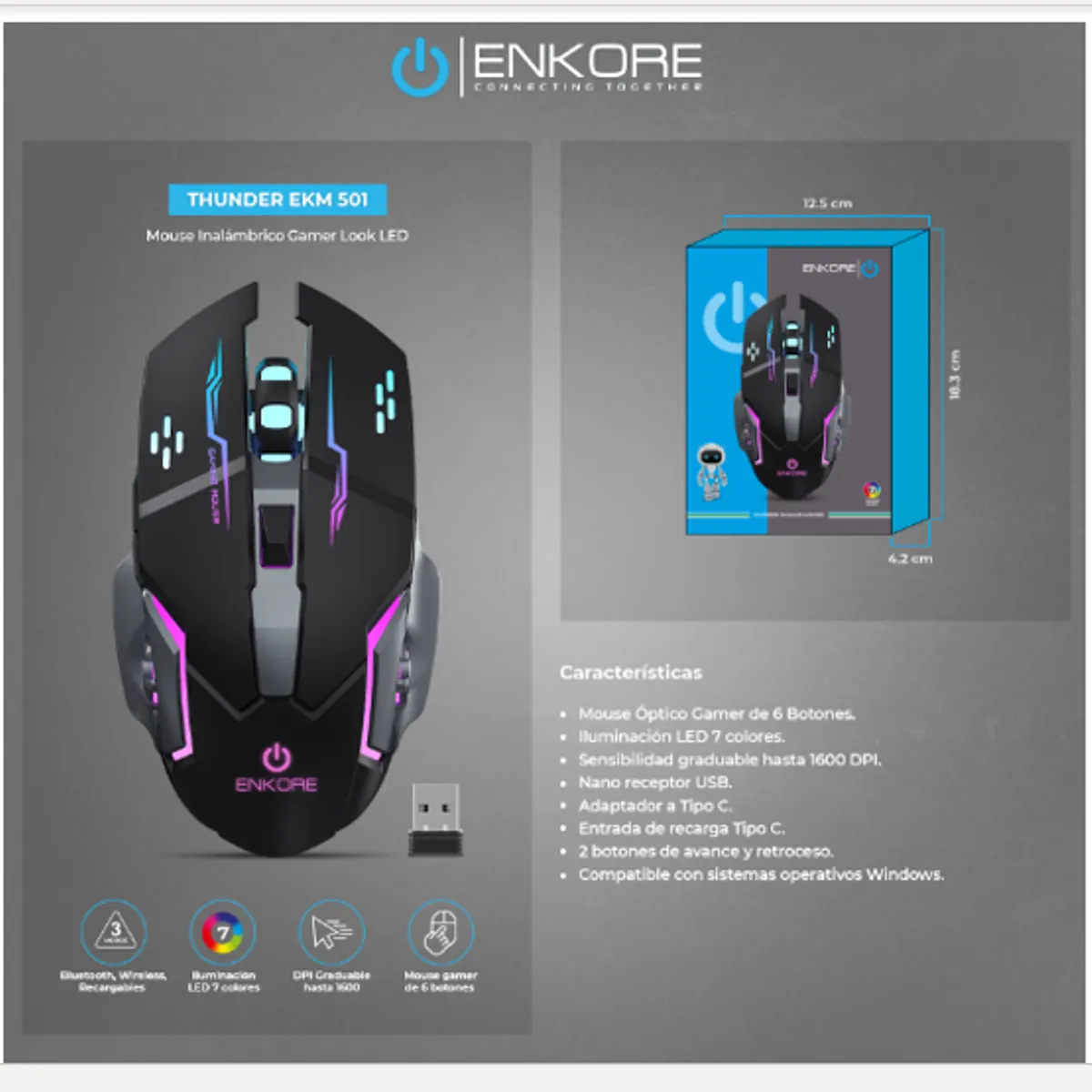 ENKORE - Mouse Gamer THUNDER EKM501 3M WIFI RBW 6B 1600DPI ENKORE ENKORE