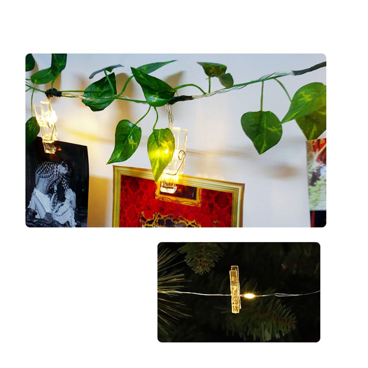 GENERICO - Luces LED Decorativas  con Clips para Fotos + Hojas Verdes – 1.85 m