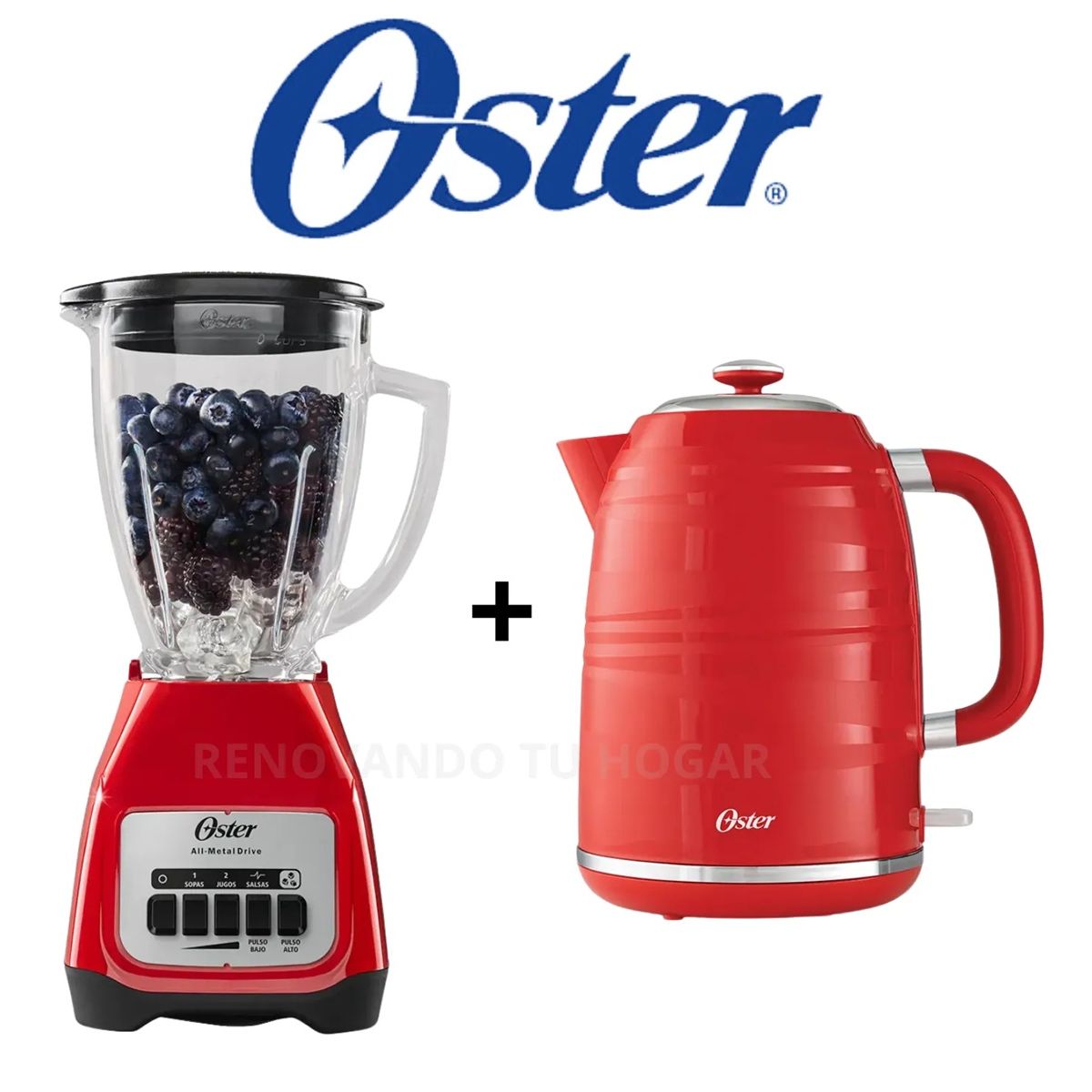 OSTER - COMBO OSTER LICUADORA 2 VEL ROJO DE 1.5 LT + HERVIDORA ROJO DE 1.7 LT