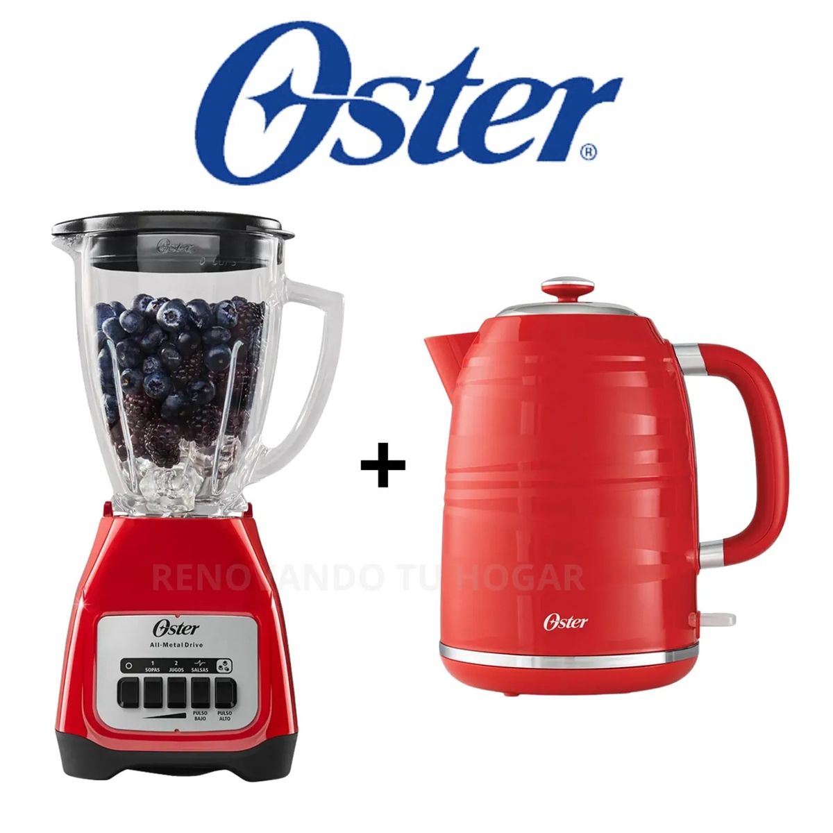 OSTER - COMBO OSTER LICUADORA 2 VEL ROJO DE 1.5 LT + HERVIDORA ROJO DE 1.7 LT