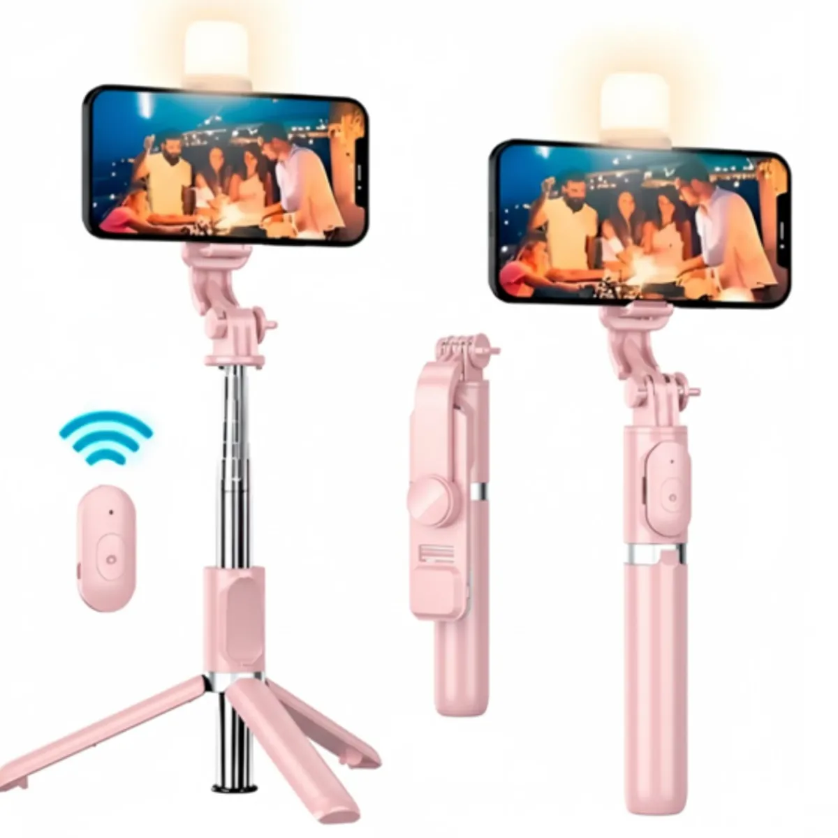 CLN TECH - Tripode palo selfie stick con mando bluetooth y luz led - rosado
