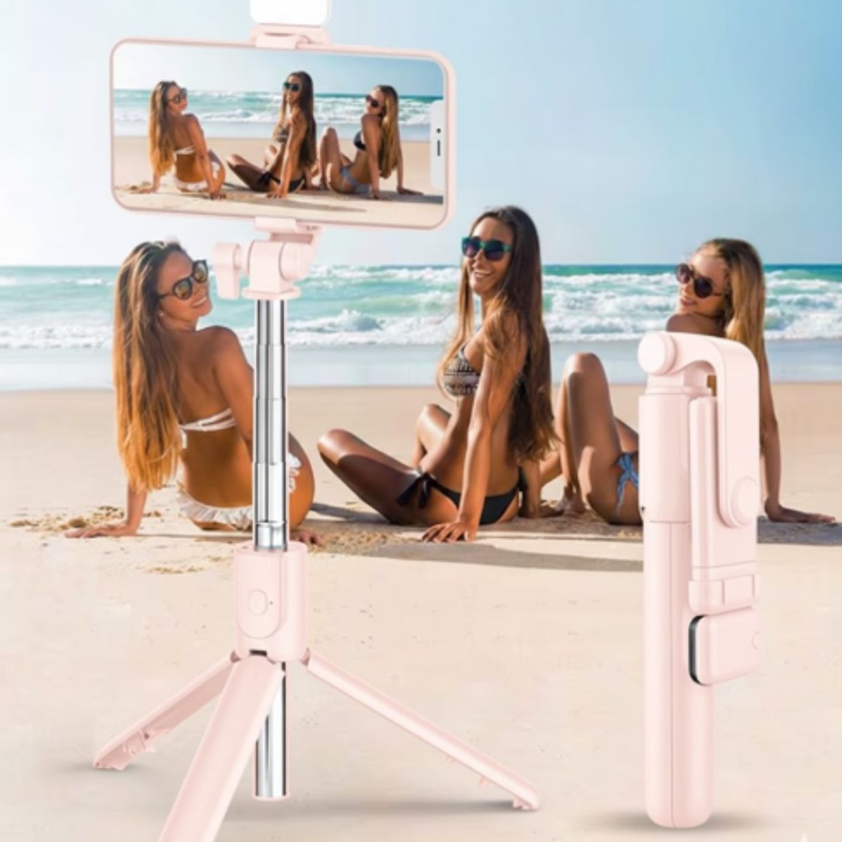 CLN TECH - Tripode palo selfie stick con mando bluetooth y luz led - rosado