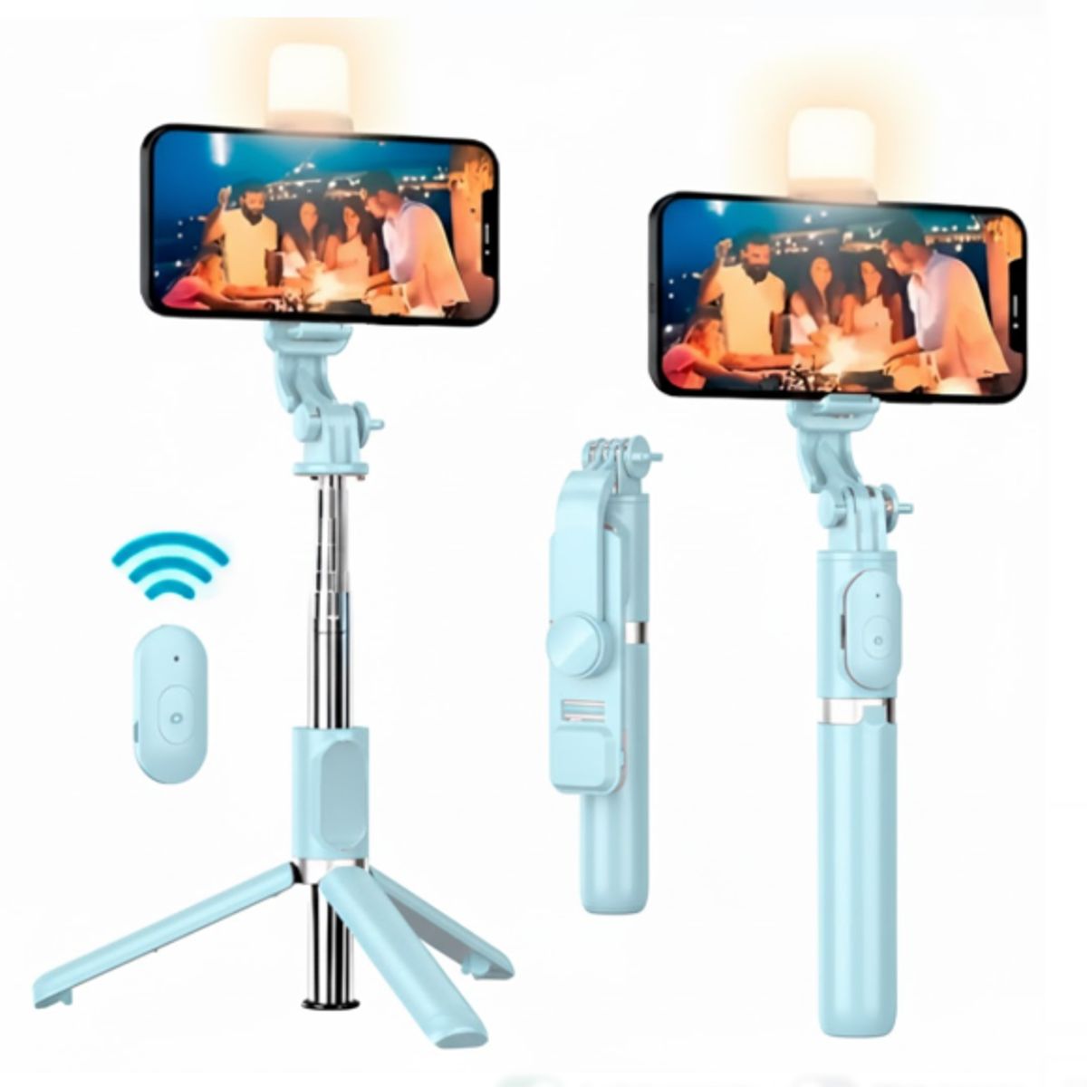 CLN TECH - Tripode palo selfie stick con mando bluetooth y luz led - celeste