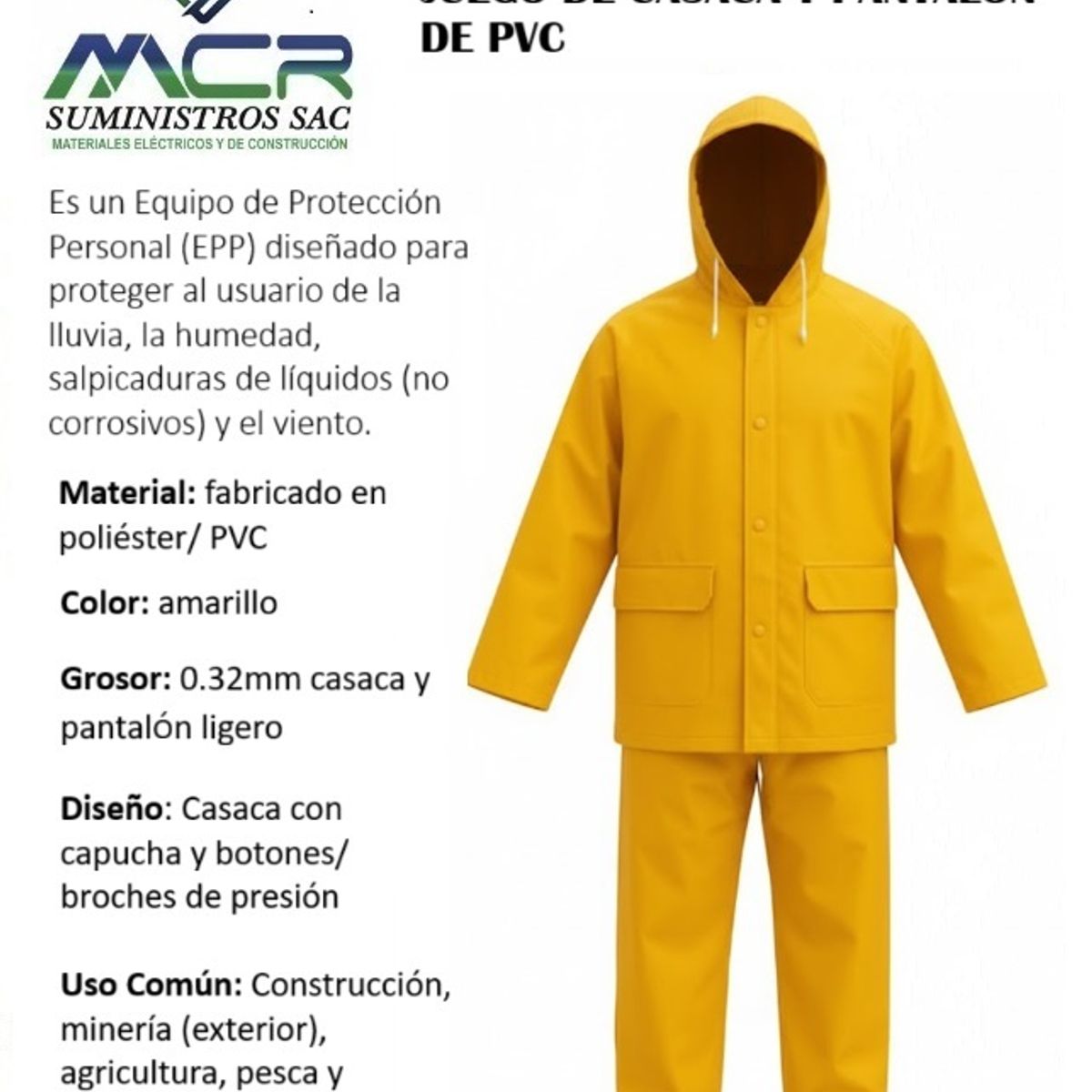 GENERICO - JUEGO DE CASACA Y PANTALON DE PVC COLOR AMARILLO