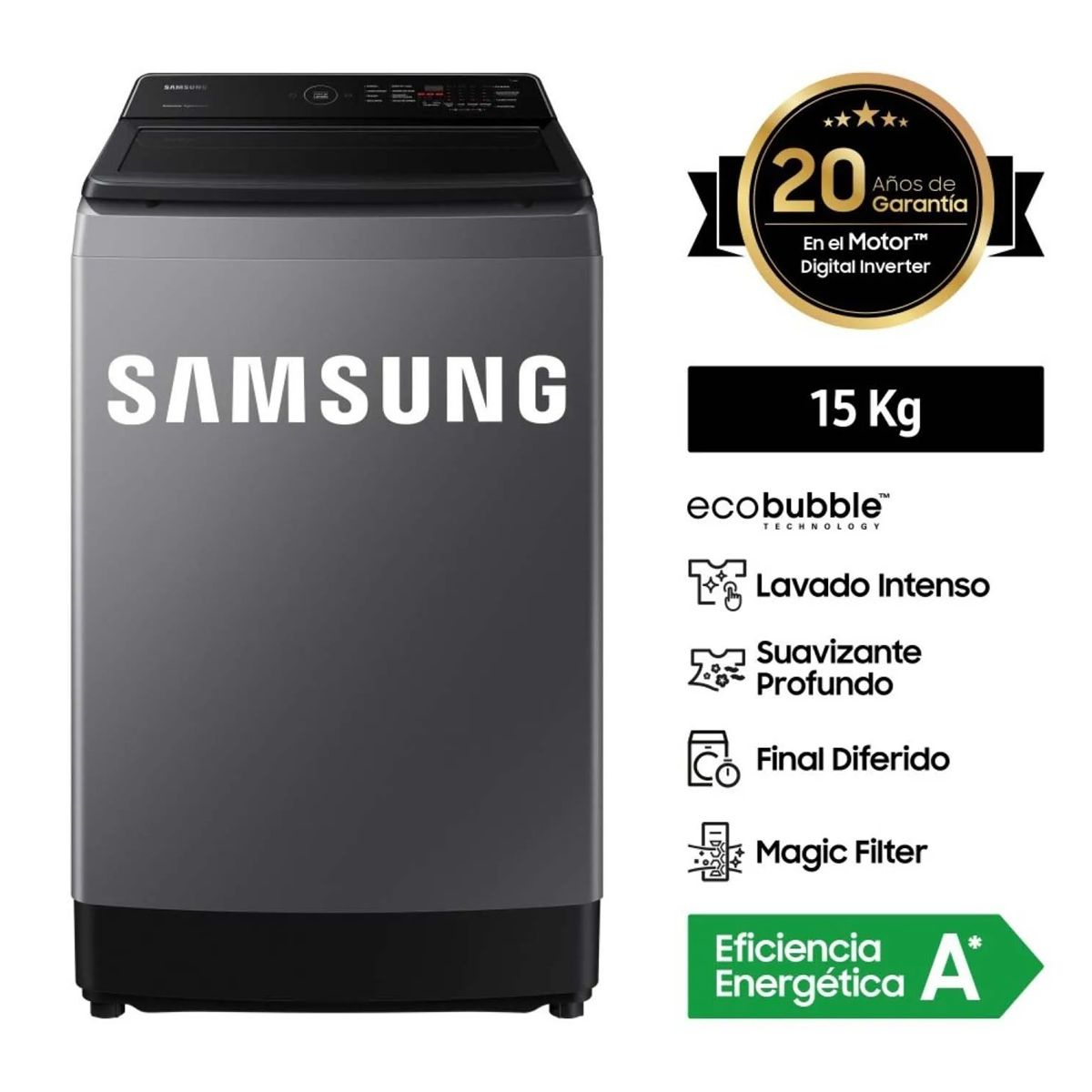 SAMSUNG - LAVADORA ECOBUBBLE 15KG GRIS WA15CG5441BDPE