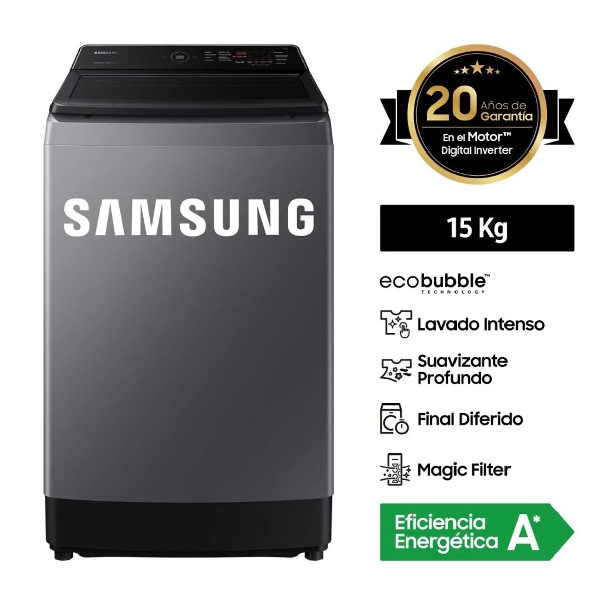 SAMSUNG - LAVADORA ECOBUBBLE 15KG GRIS WA15CG5441BDPE