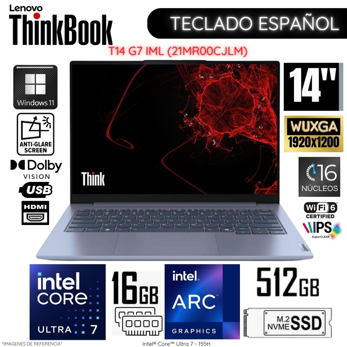 LENOVO - Laptop Lenovo ThinkBook 14 G7 IML Intel Core Ultra 7-155H 16GB DDR5 512GB SSD 14"  WUXGA - 21MR00CJLM