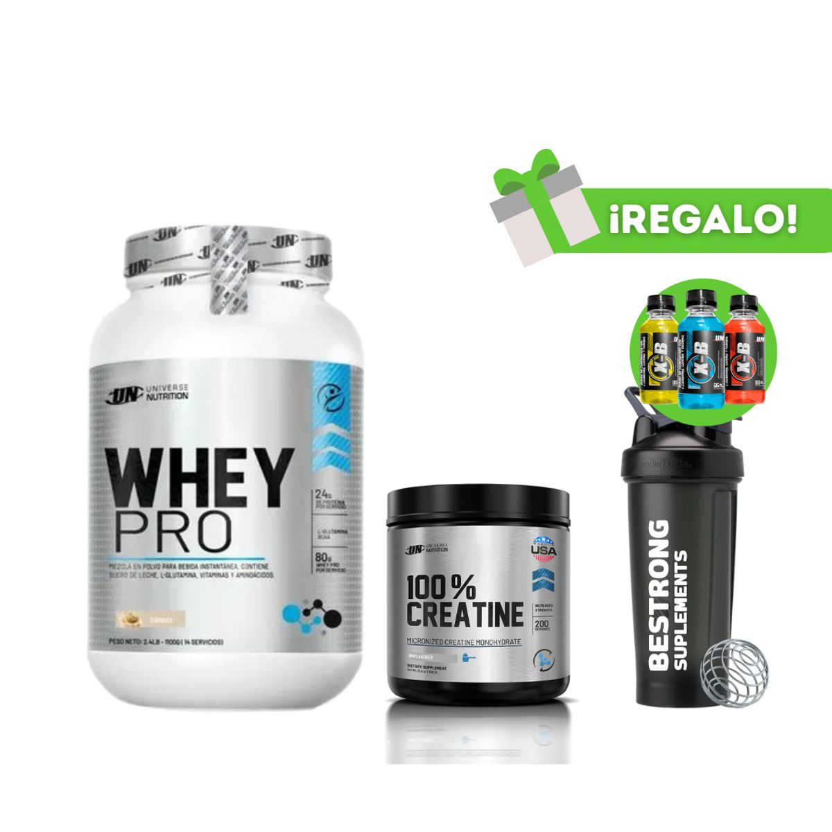 UNIVERSE NUTRITION - PROTEÍNA WHEY PRO 1KG COOKIES + CREATINA UN 150G + SHAKER + 3 XB