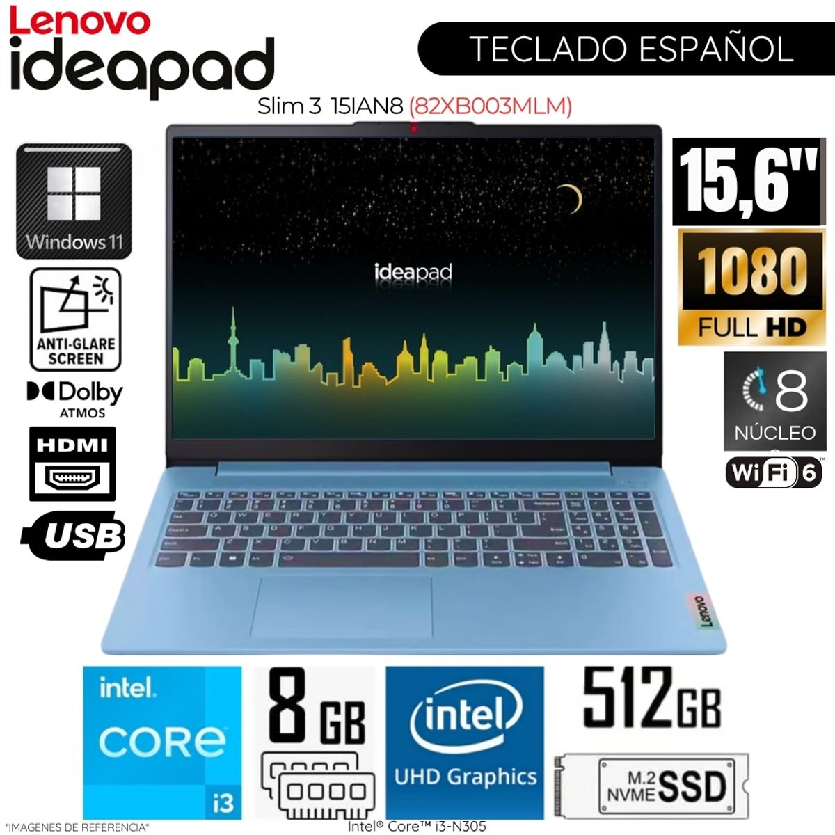 LENOVO - Laptop Lenovo IdeaPad Slim 3 15IAN8 Intel Core i3-N305 8GB RAM 512GB SSD 15.6 FHD - 82XB003MLM