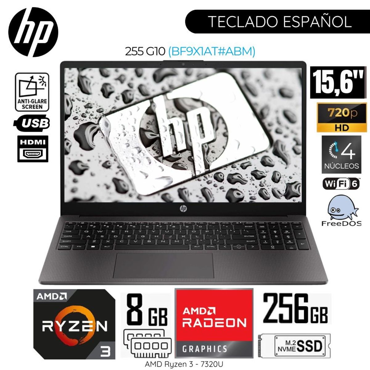 HP - Laptop HP 255 G10 AMD Ryzen 3-7320U 8GB RAM 256GB SSD 15.6"  HD - BF9X1AT
