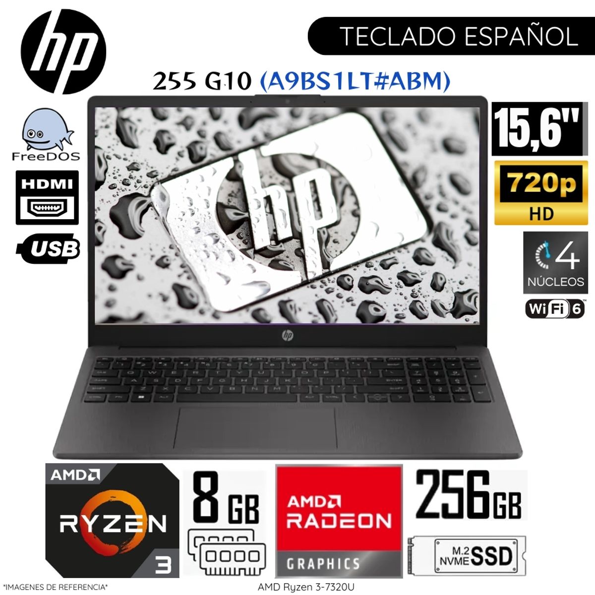 HP - Laptop HP 255 G10 AMD Ryzen 3-7320U 8GB RAM 256GB SSD 15.6"  FHD FreeDos - A9BS1LT