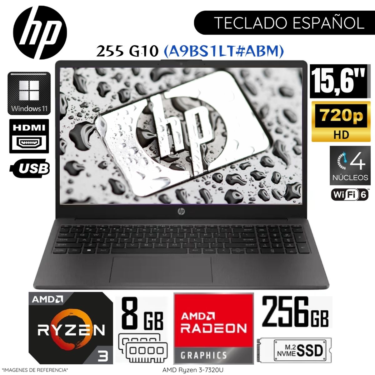 HP - Laptop HP 255 G10 AMD Ryzen 3-7320U 8GB RAM 256GB SSD 15.6"  FHD Win 11- A9BS1LT