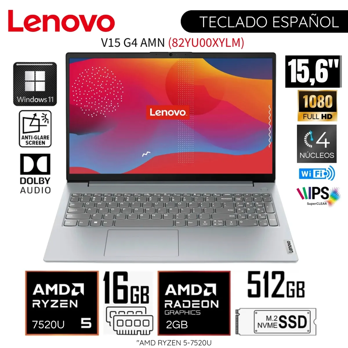 LENOVO - Laptop Lenovo V15 G4 AMN AMD Ryzen 5 7520U 16GB RAM 512GB SSD 15.6" FHD -  82YU00XYLM