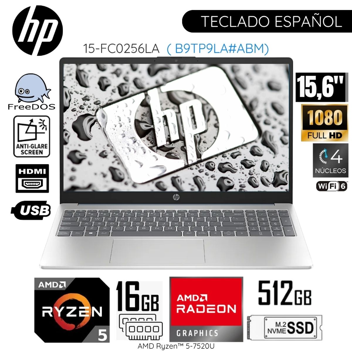 HP - Laptop HP 15-FC0256LA  AMD Ryzen 5 - 7520U 16GB RAM 512GB SSD 15.6"  Pulg. FHD FreeDos