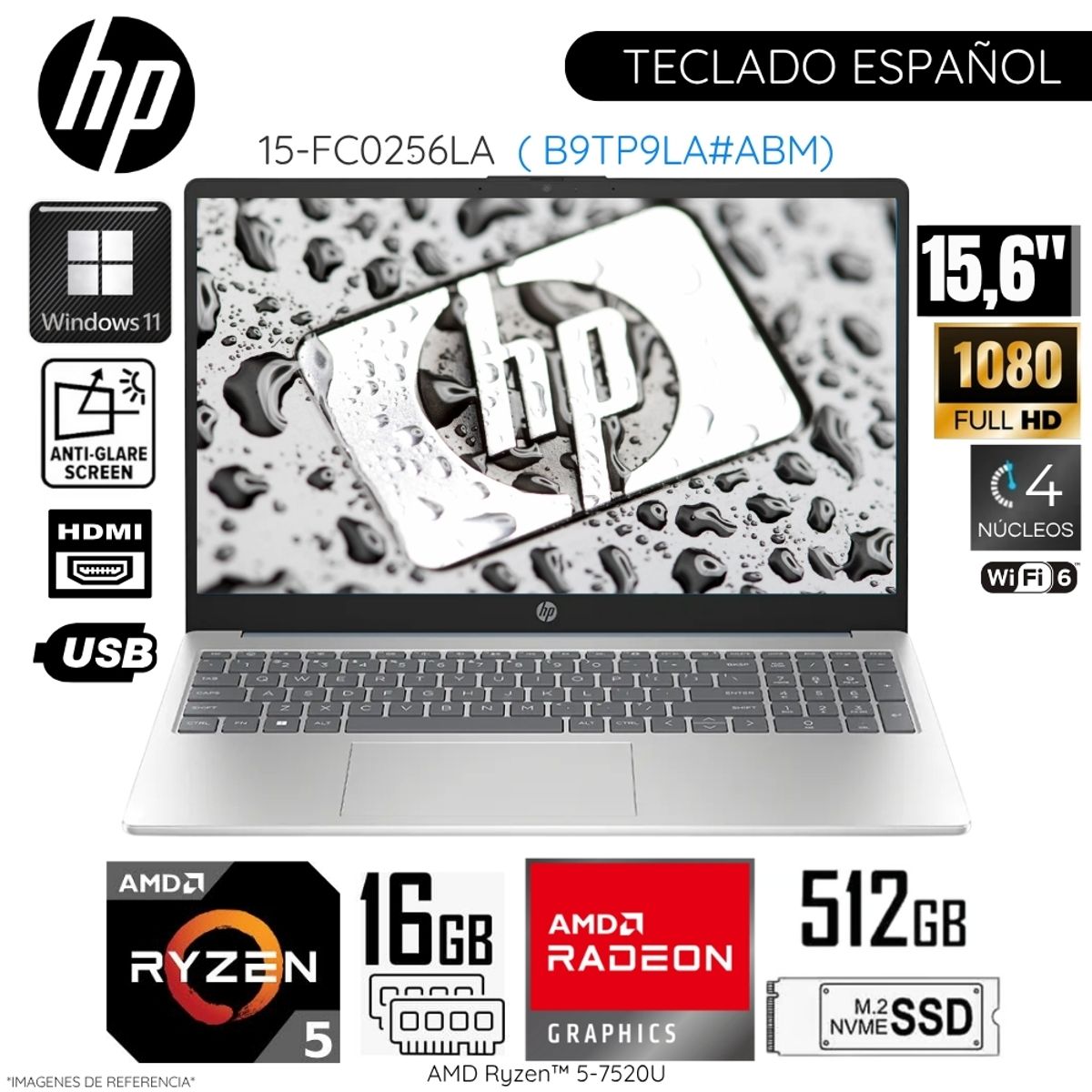 HP - Laptop HP 15-FC0256LA  AMD Ryzen 5 - 7520U 16GB RAM 512GB SSD 15.6"  Pulg. FHD WIN 11