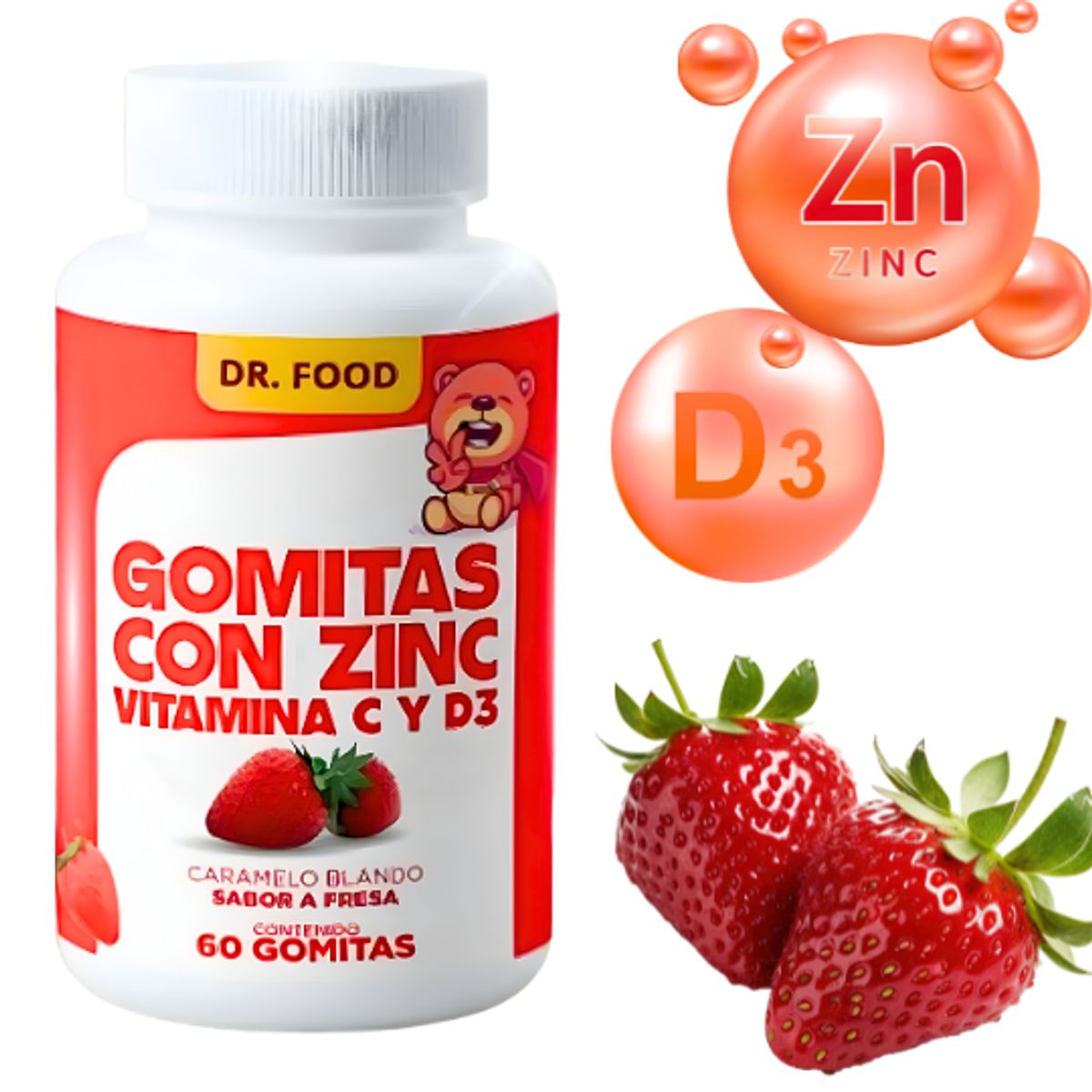 GENERICO - Gomitas Masticables Sabor Fresa con Zinc, Vitamina C y D3 60 gomitas