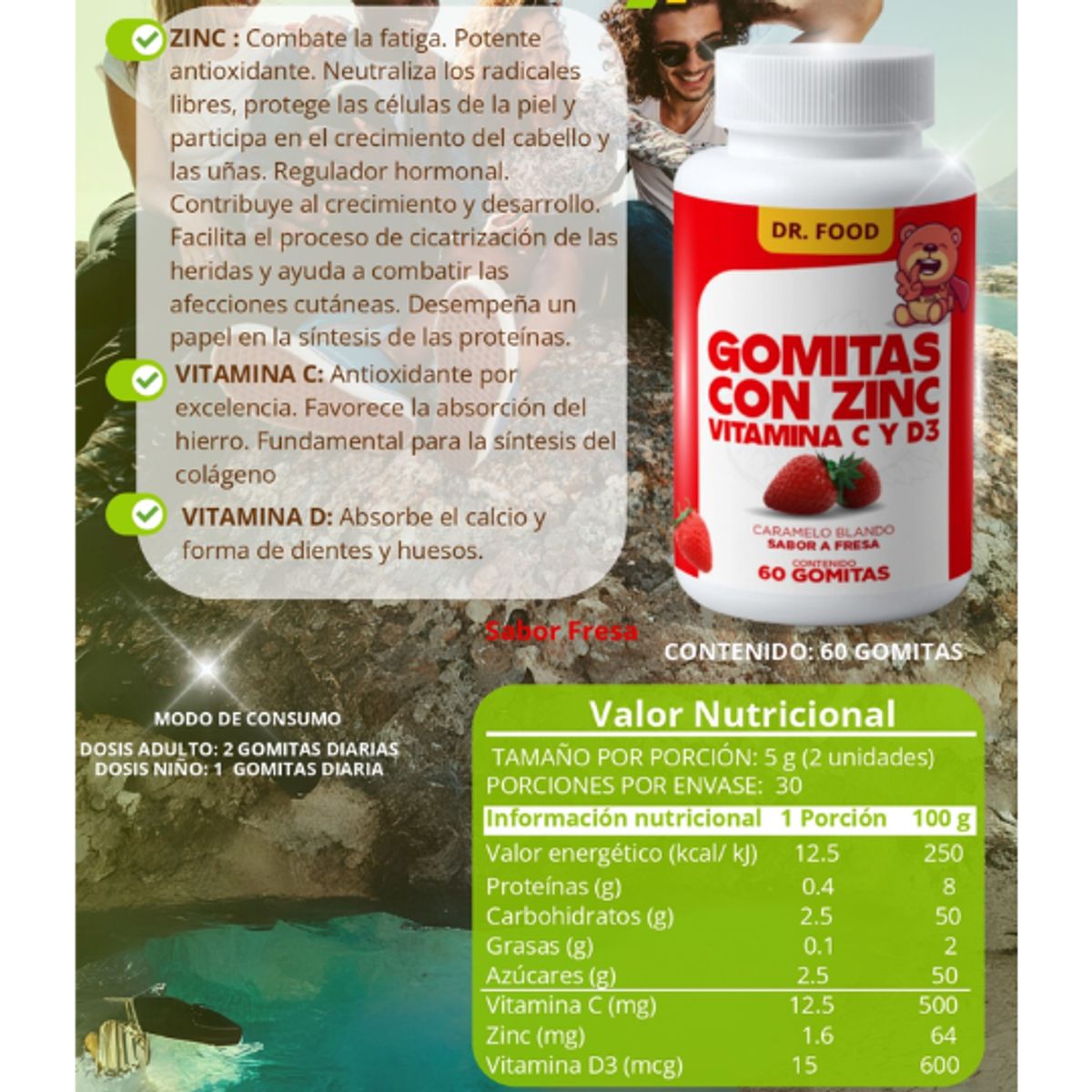 GENERICO - Gomitas Masticables Sabor Fresa con Zinc, Vitamina C y D3 60 gomitas