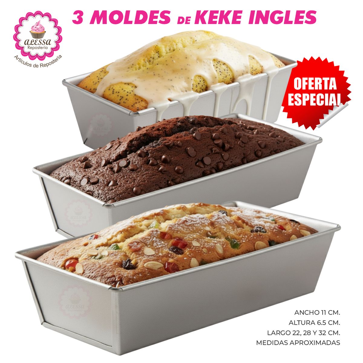 GENERICO - Set Premium de 3 Moldes de Keke Ingles 22, 28 y 32 para Repostería
