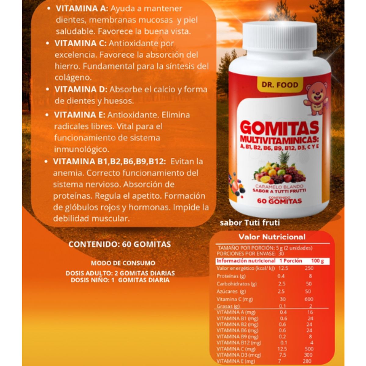GENERICO - Gomitas Masticables Sabor Tutti Frutti Multivitaminico 60 gomitas