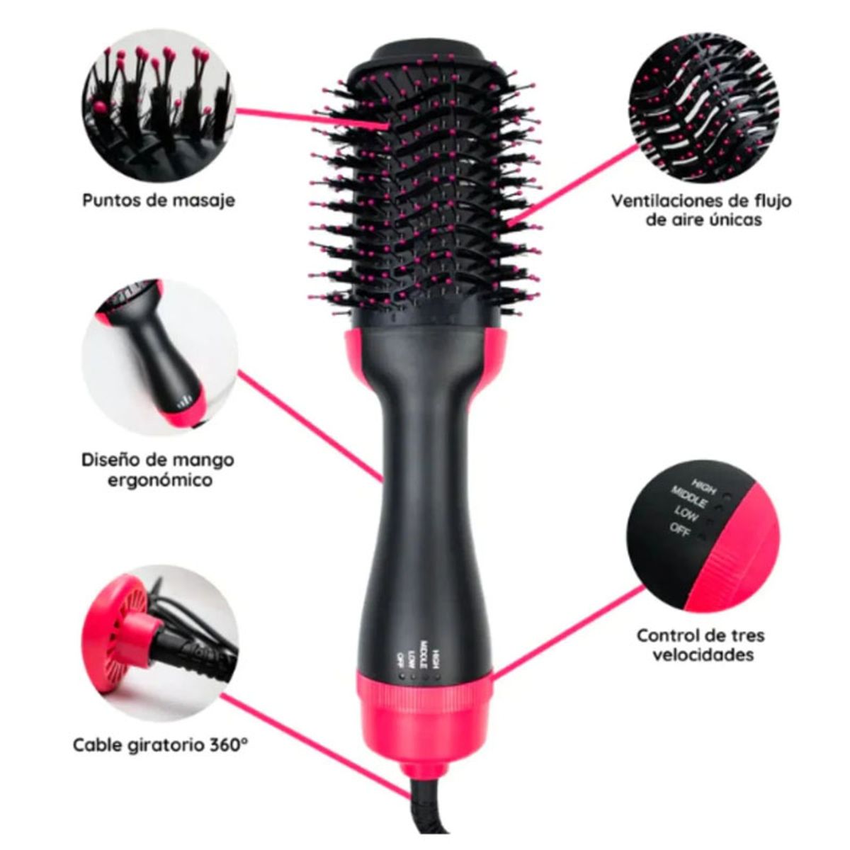 GENERICO - Cepillo Secador 3 En 1 1000W Cable Giratorio Y Control Temperatura