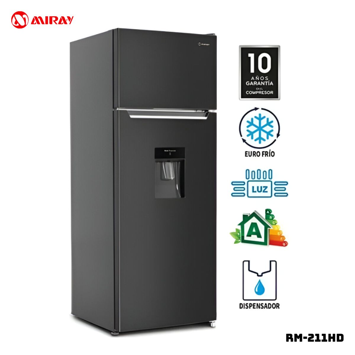 MIRAY - REFRIGERADORA MIRAY EUROFRIO 211 L CON DISP DE AGUA PLATEADO - RM-211HD