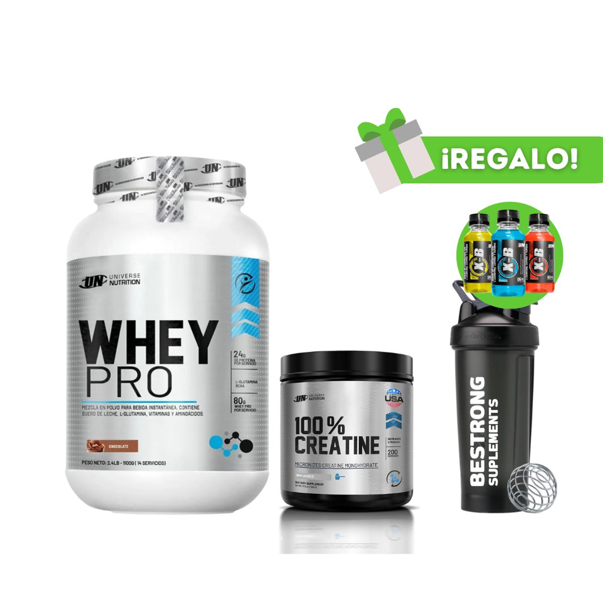 UNIVERSE NUTRITION - PROTEÍNA WHEY PRO 1KG CHOCOLATE + CREATINA UN 150G + SHAKER  3 XB