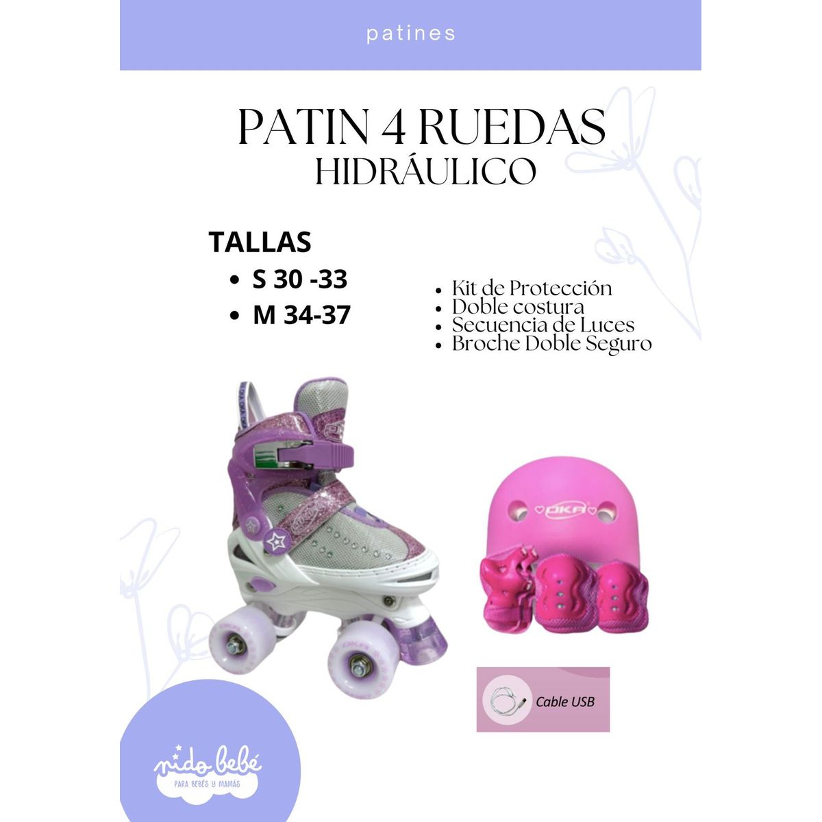 OKA - PATIN 4 RUEDAS HIDRAULICO LILA Y GRIS TALLA S 30 A 33