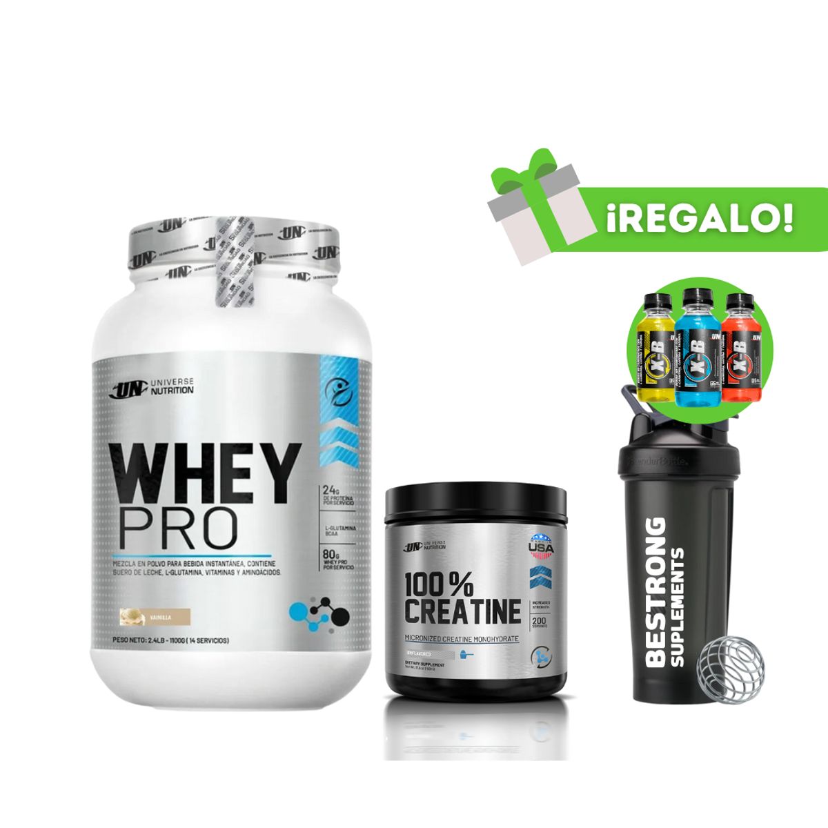 UNIVERSE NUTRITION - PROTEÍNA WHEY PRO 1KG VAINILLA + CREATINA UN 150G + SHAKER  3 XB