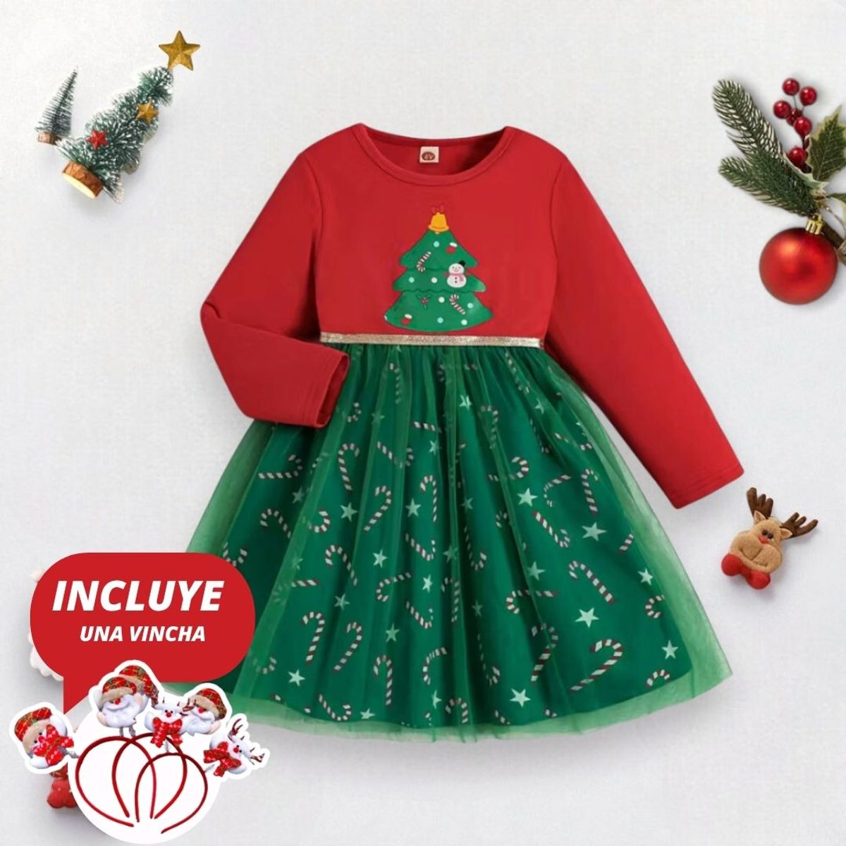 GENERICO - VESTIDO NAVIDEÑO NIÑA - IDEAL PARA FIESTAS  INCLUYE VINCHA