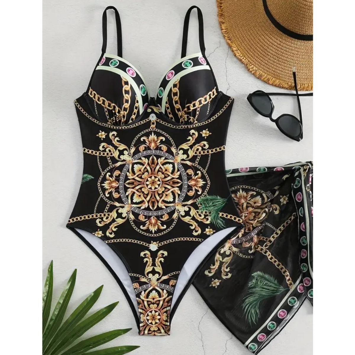 GENERICO - TRAJE DE BAÑO CON FORRO INTERNO Y COPA  - INCLUYE PAREO