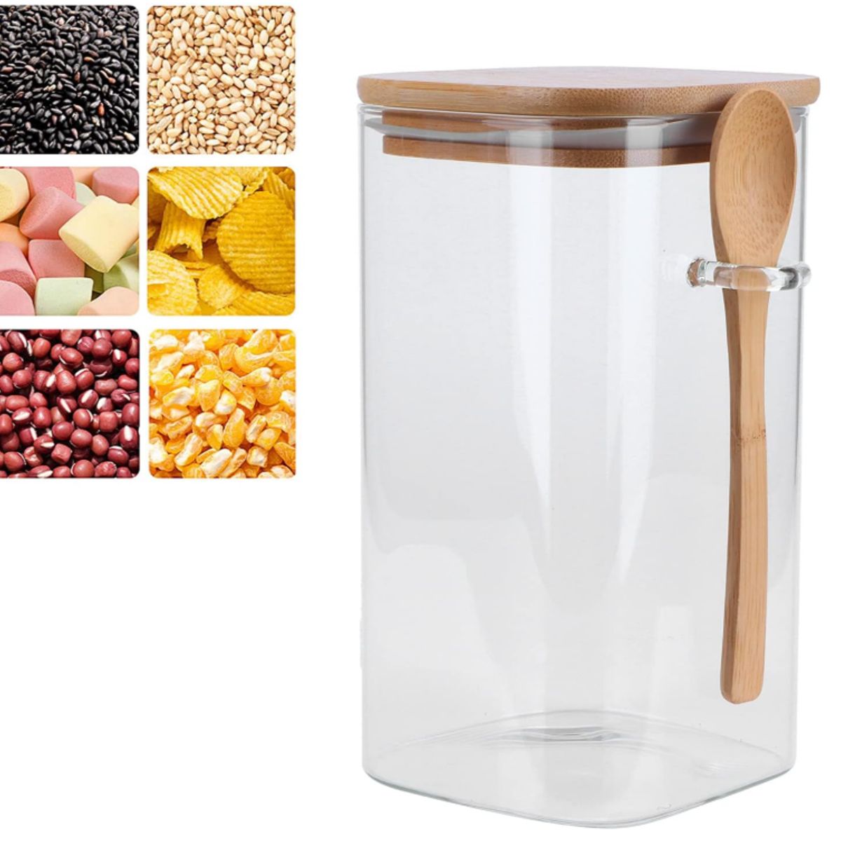 GENERICO - Pack x 2 Canister Cuadrado con Tapa y Cuchara de Bambú 700ml