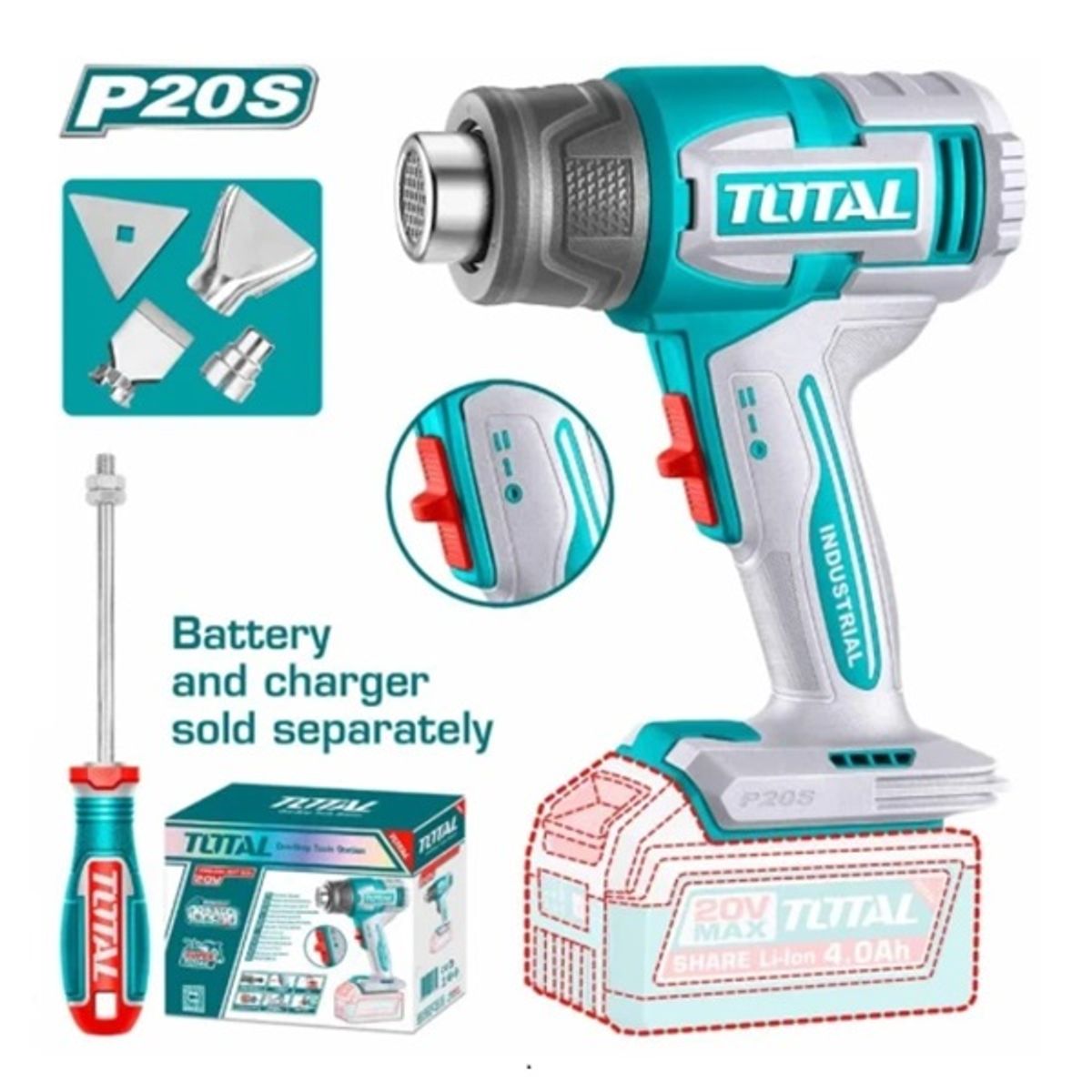 PISTOLA DE CALOR 20V INALÁMBRICA A BATERIA CALENTADOR TOTAL TBLI2006, marca Total Tools - Foto Principal