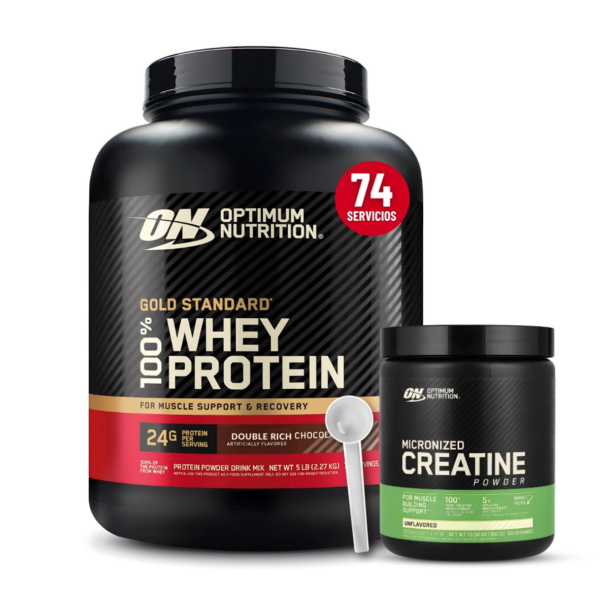 Optimum Nutrition - Gold Standard Whey 5 LB - Double Rich Chocolate + Creatina Optimum Nutrition 300 G + Scoop