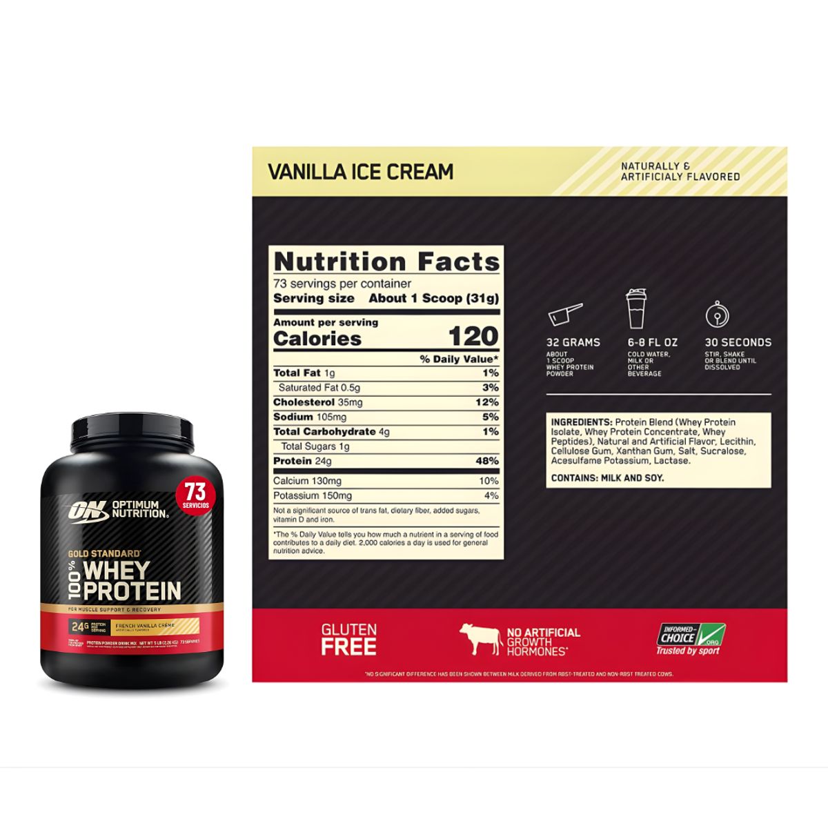 OPTIMUN NUTRITION - Gold Standard Whey 5 LB - Vainilla Ice Cream + Creatina Optimum Nutrition 300 g + Shaker + Scoop