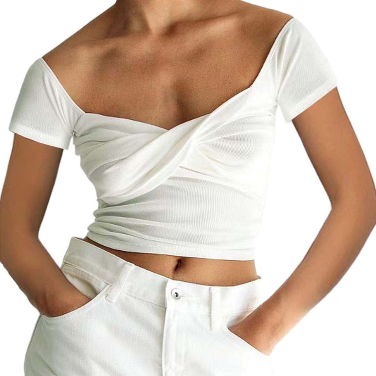 42AROZINA - Top Mujer Color Sólido Sin Tirantes Slim Fit Manga Corta