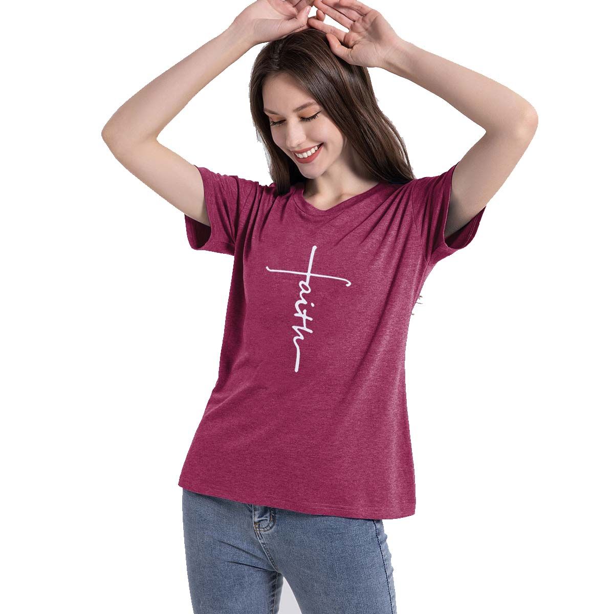 42AROZINA - Camiseta casual de mujer con cuello de pico en color sólido y holgada